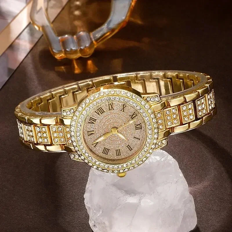 Golden Watch Women Ring Necklace Earrings Rhinestone Fashion Wristwatch Female Casual Ladies Watches Bracelet Set Clock Qme