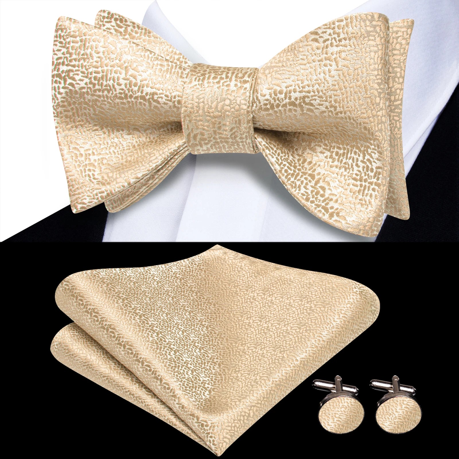 Beige Champagne Gold Silk Mens Bow Tie Hanky Cufflinks Jacquard Qme HT-LH-2322