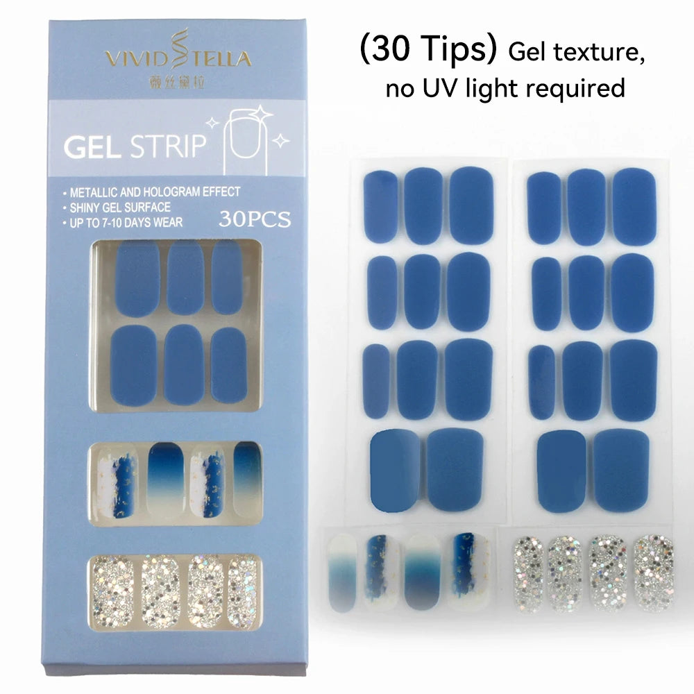 30 34Tips UV-Free Gel Nail Wraps Solid Glitter Stickers No Need UV Qme MK-30Z-DS38007