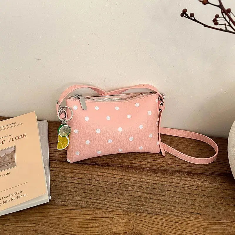 Color PU Leather Crossbody Bag Black Polka Dot Print Cute Fruit Charm For Daily Shopping Dating Casual Trips Qme A1