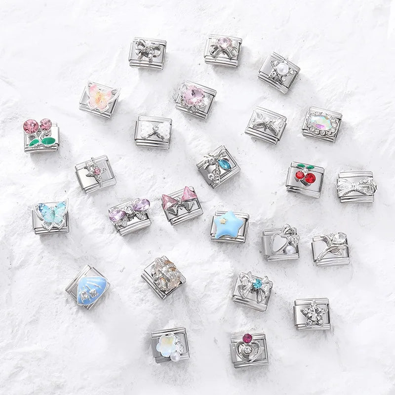 Bright Zircon Multielement Stars Shell ButterflyItalian Charm Links Fit 9mm Stainless Steel Bracelet Women Jewelry DIY Making Qme