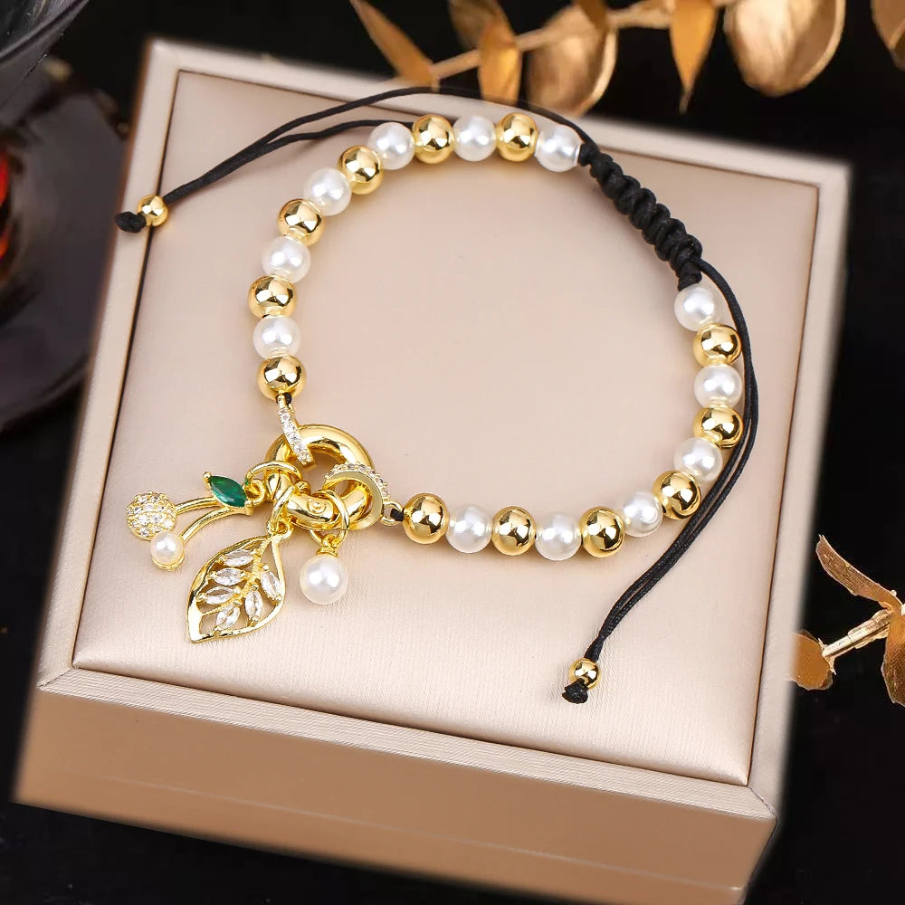 High Quality Pearl Chain Braided Crystal Cherry Adjustable Rope Bracelet Charming For Woman Girl Party Jewelry Gift Daily Wear Qme E