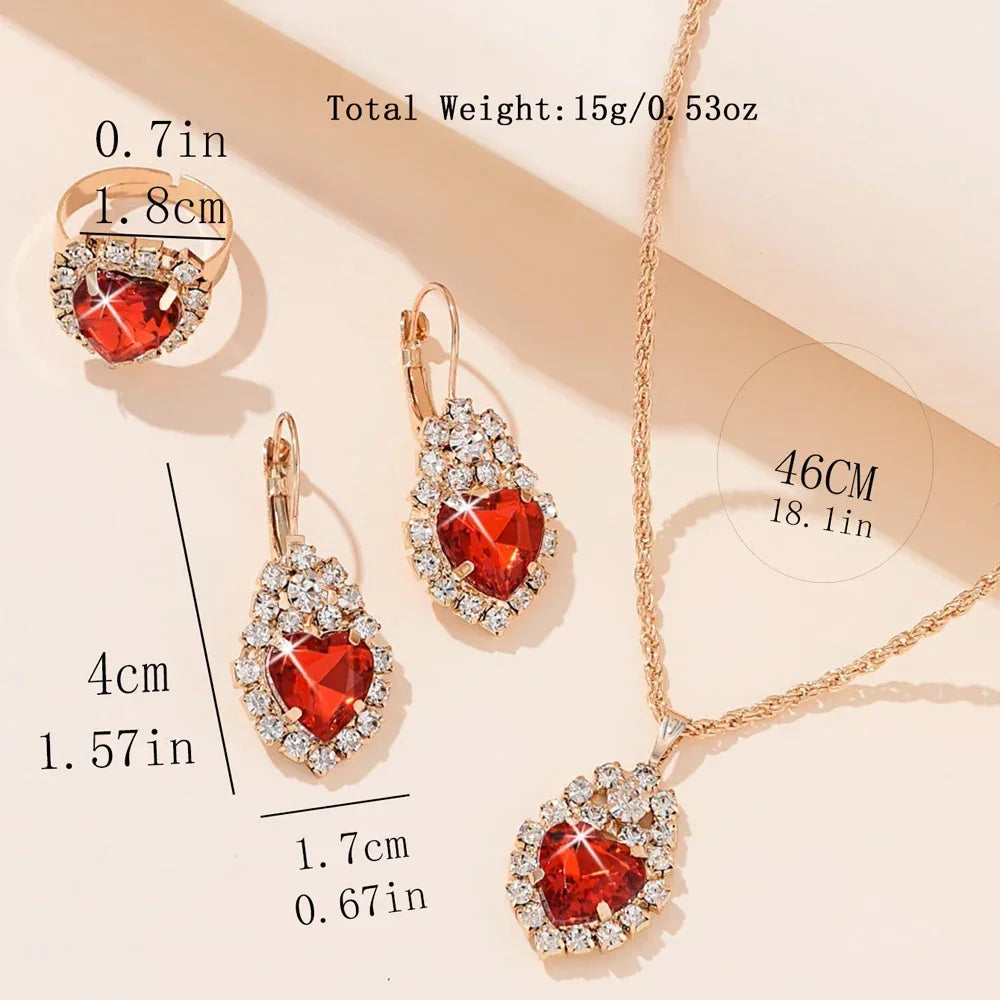 5Pcs Golden Luxury Watch Women Ring Necklace Earring Rhinestone Fashion Wristwatch Red Dial Casual Ladies Watches Jewelry Set Qme
