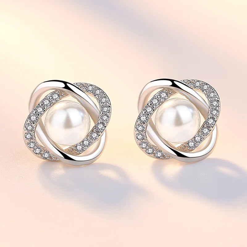 New Fine 925 Sterling Silver Charms Pearl Crystal Stud Earrings for Women Fashion Party Wedding Accessories Jewelry Couple Gifts Qme