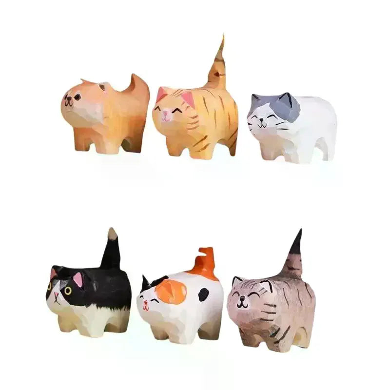 Cute Cat Figurine Decorative Wooden Ornament Miniature Kitten Home Bedroom Office Desk Decoration Gift Statue Qme