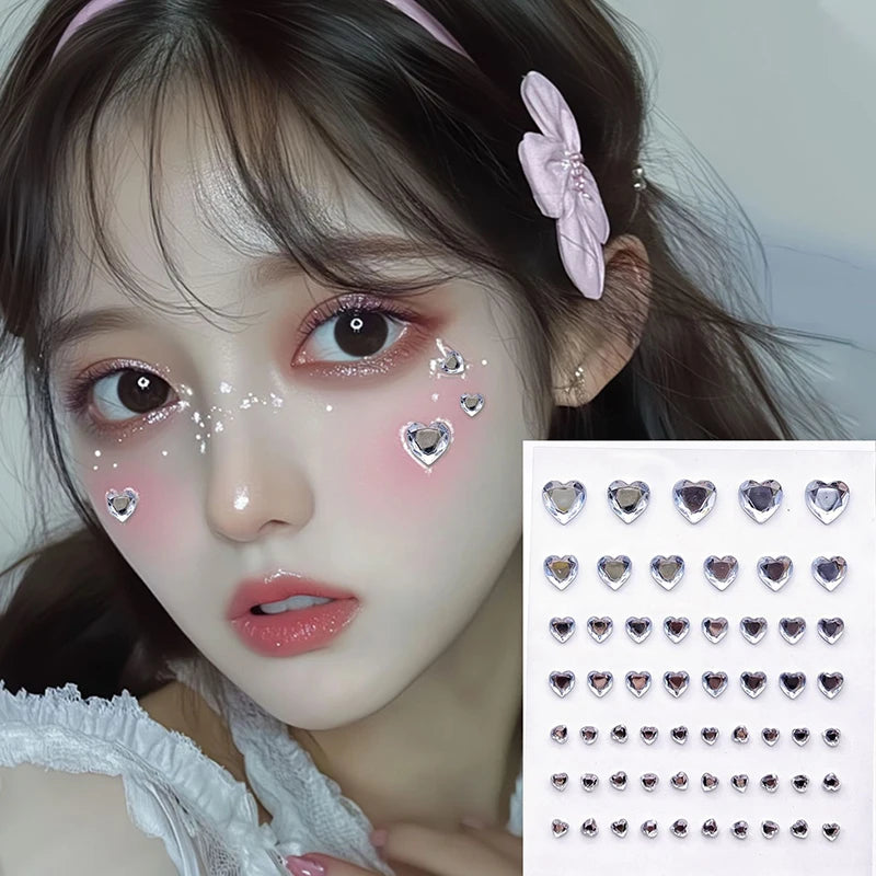 57Pcs/sheet Heart Rhinestone Face Jewels Stickers 3D Multicolor Self-Adhesive Gems For DIY Festival Party Eye & Face Makeup Deco Qme White