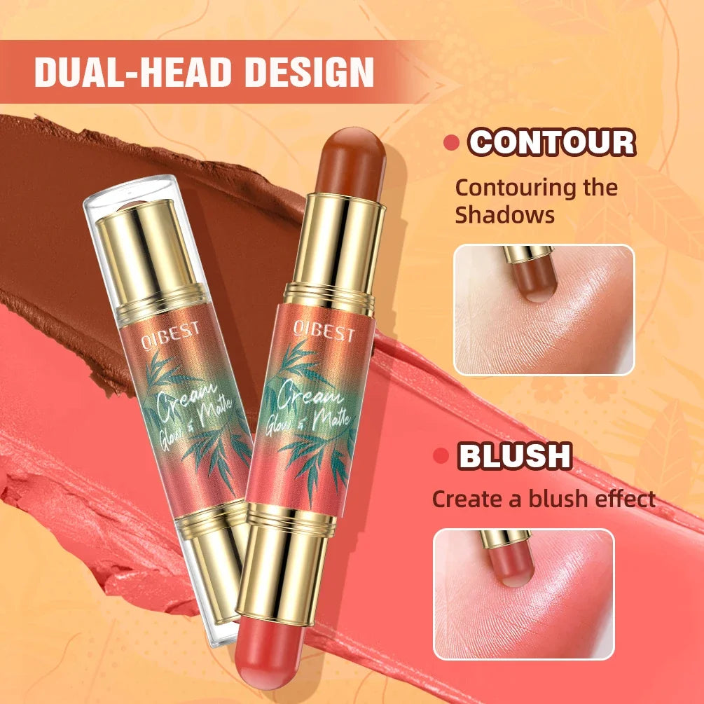 QIBEST Double Ended Contouring Blush Cream 2 In 1 Multiuse Makeup Stick Face Blusher For Lip Eyes Long Lasting Matte Bronzer Qme