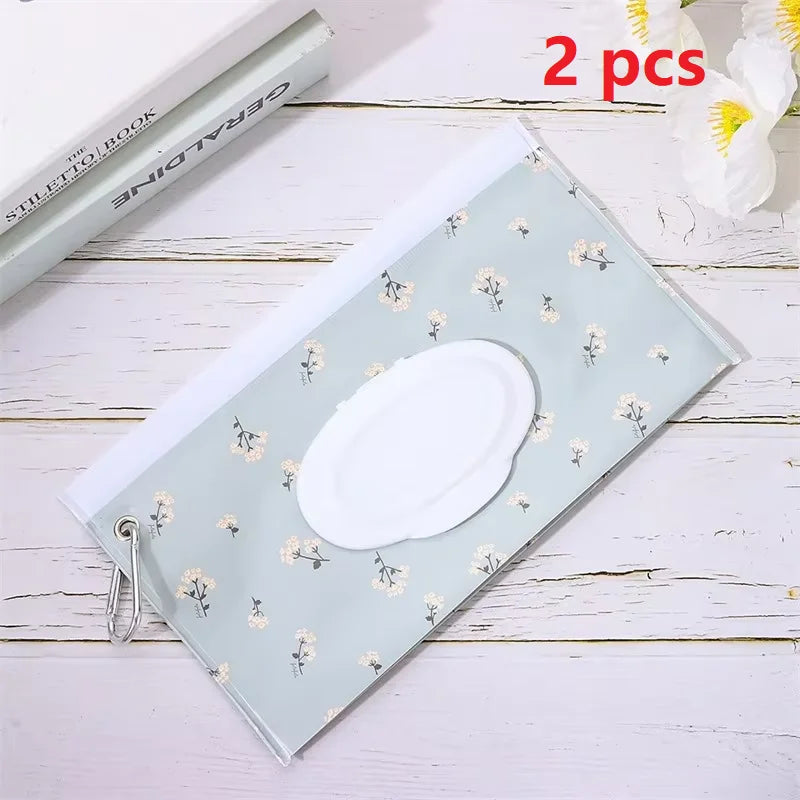 EVA Baby Wet Wipe Pouch Portable Wipes Holder Case Flip Cover Snap-Strap Reusable Refillable Cosmetic Pouch Useful Tissue Box Qme 2PCS Flowers