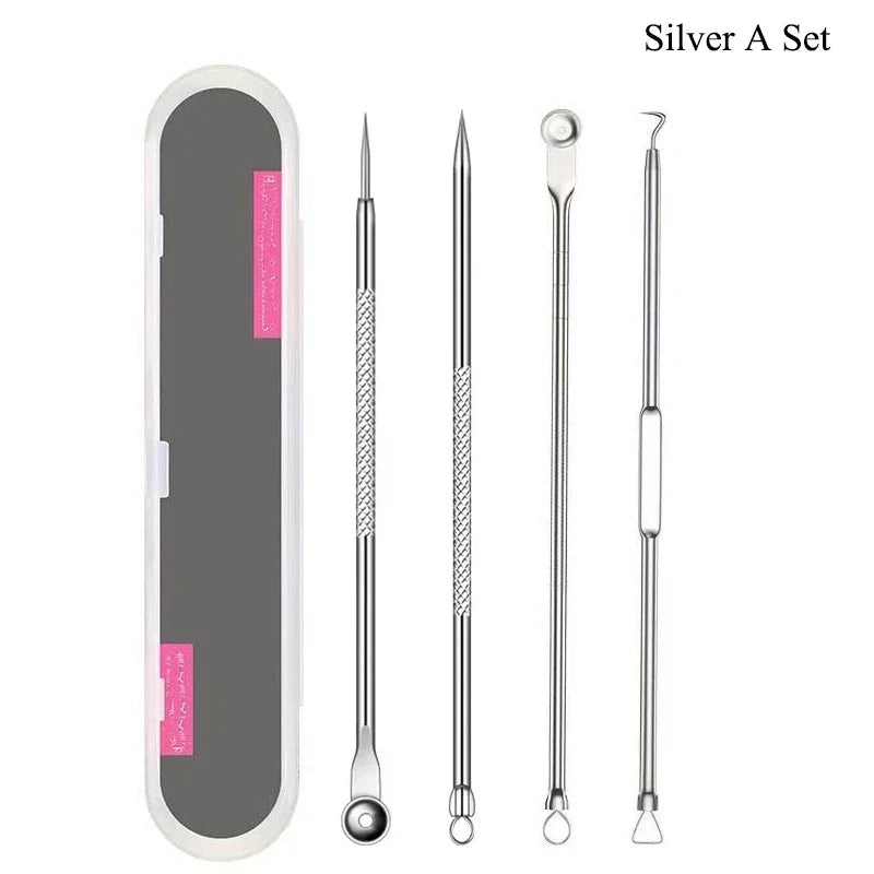 Ultra-fine Acne Pimples Blackhead Clip Tweezers Beauty Face Skin Care Cleaning Blackhead Remover Kit Acne Needle Hook Tool Qme 4PCS with box