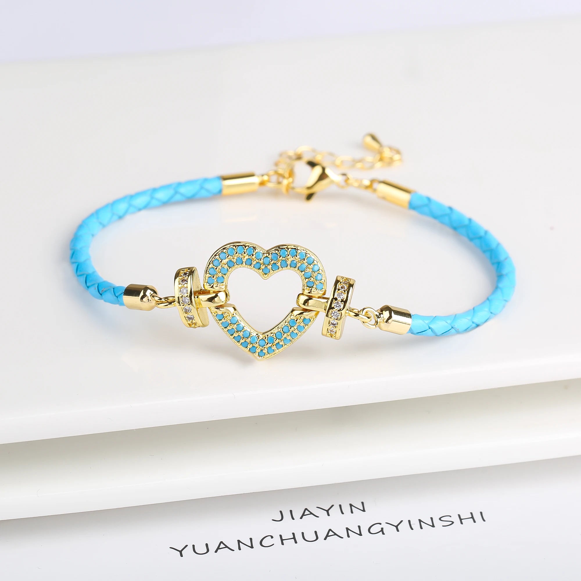 Genuine Leather Rope Braided Heart Shape Zirconia Ladies Bracelet Temperament for Women Girls Party Wedding Jewelry Holiday Gift Qme Blue