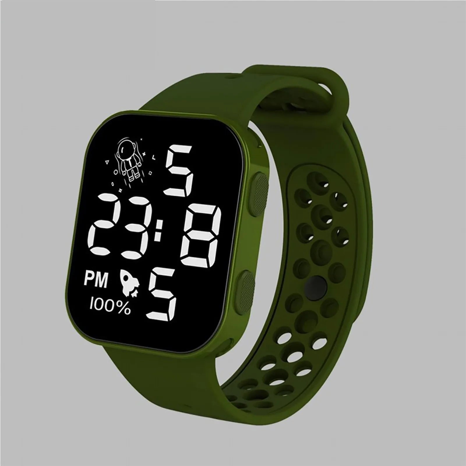 Children’s Solid Color Simple Fashion And Breathable Silicone Strap With Led Display Square Dial Calender Electronic Sport Watch Qme Army Green