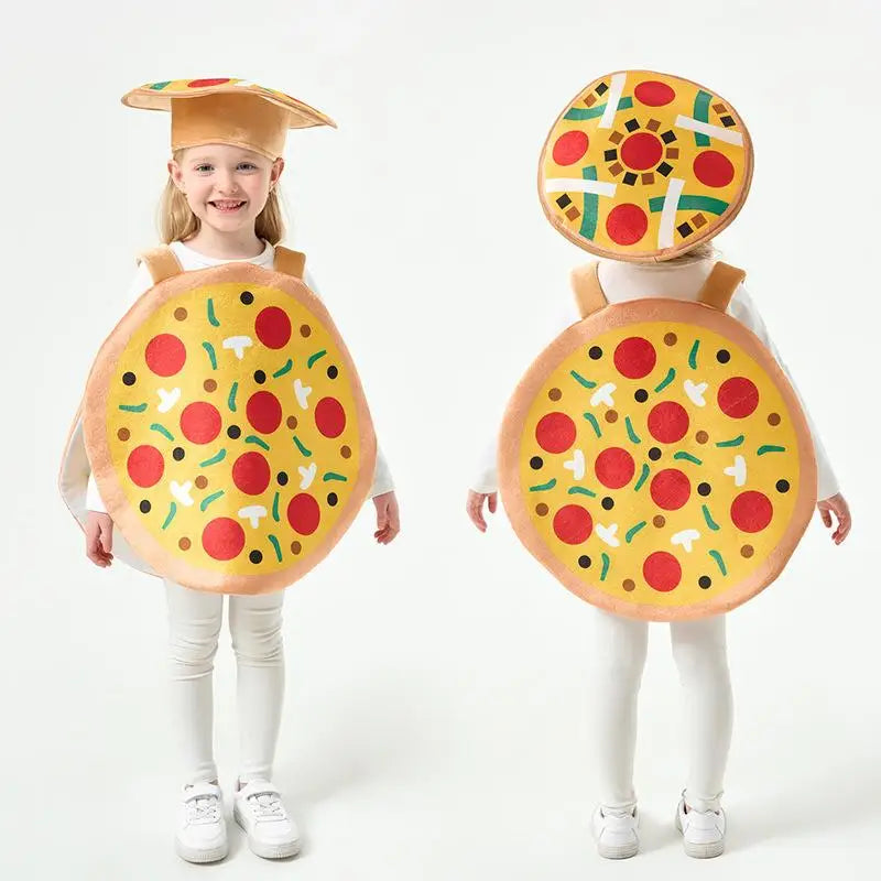 1Set Adult Stage Performance Costume Cap Outfits Kids Pizza Cosplay Food Funny Clothing Overall Hat Halloween Party Fantasia Kit Qme