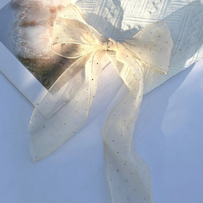 Shining Sweet Chiffon Bow Hair Clips Elegant Ribbon Ponytail Clip Qme Beige