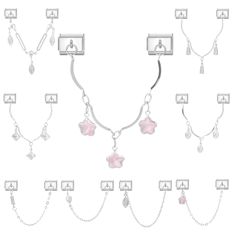 New Glitter Oval Butterfly Star Multielement Chain Tassel Pendant Italian Charm Link Fit 9MM Stainless Steel Bracelet DIY Making Qme