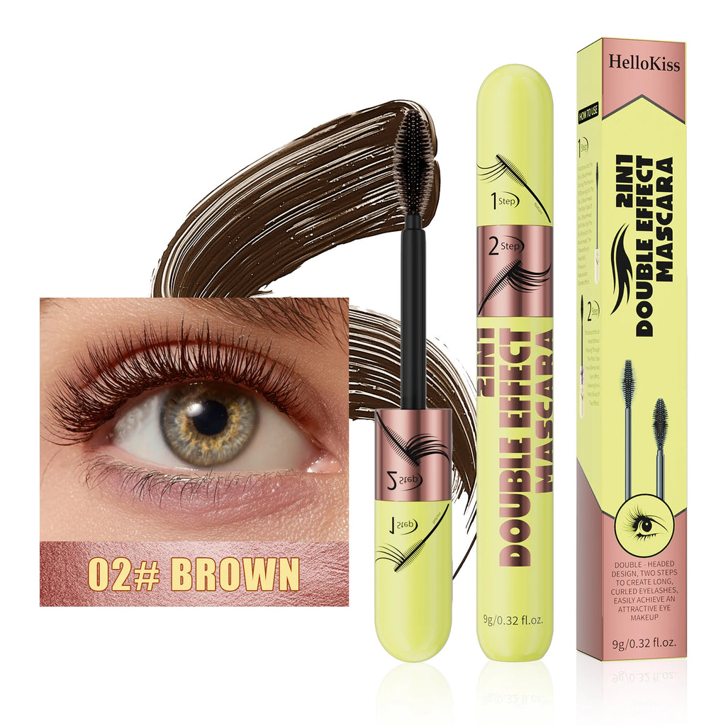 [Dual Brush Heads Brown Mascara] Waterproof Brown Mascara with Dual Brush Heads - Smudge-Proof, Clump-Free for Longer Qme 9806-2