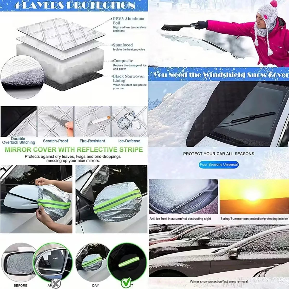 Heavy Duty Vehicle Windshield Snow Cover 9 Magnetic Fasteners UV Sun Qme