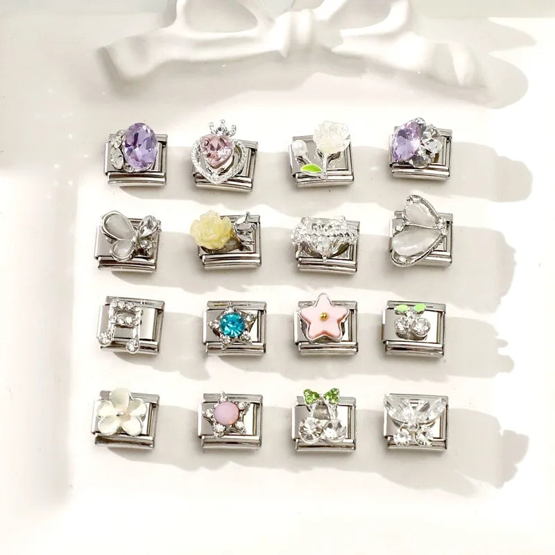 Bright Zircon Multielement Stars Shell ButterflyItalian Charm Links Fit 9mm Stainless Steel Bracelet Women Jewelry DIY Making Qme