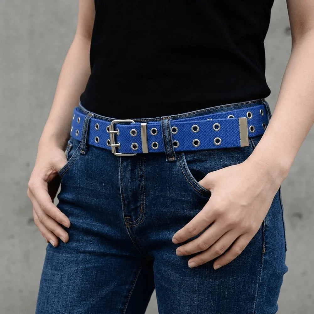 Outdoor Solid Canvas Waist Belt Double Row Nylon Woven Belts Metal Qme