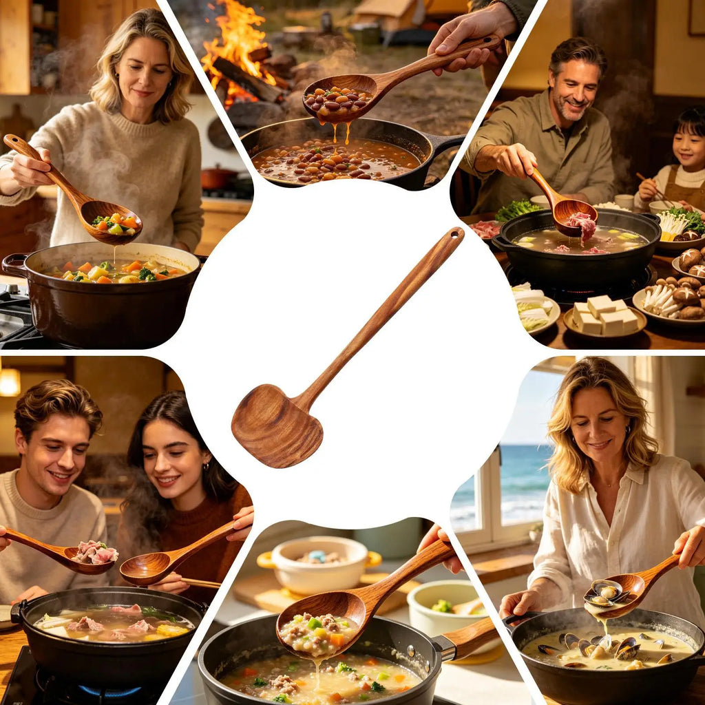 Wooden Ladle 2-in-1 Long Handle Ergonomic Non-Stick Kitchen Soup Spoon for Non-Stick Pan Cooking Pot Kitchen Restaurant Mixing Qme