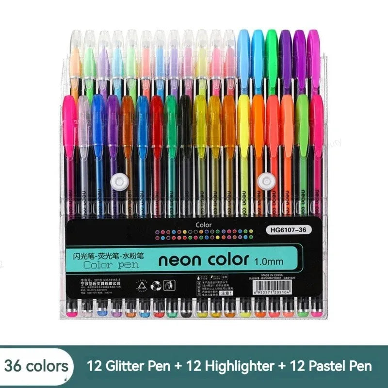 12-60Pcs Metallic Glitter Colors Gel Pens & Pen Refills For School Office Adult Coloring Book Journals Drawing Art Markers Qme 36 Colors Pen