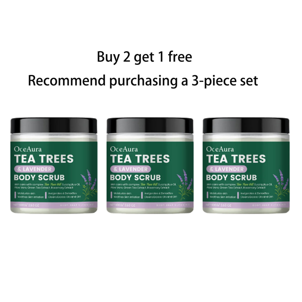 OceAura Tea Trees Lavender Body Scrub Gentle Skin Deep Cleansing Exfoliating Soothing Moisturizing Detoxifying Body Care Scrub Qme 100g x3