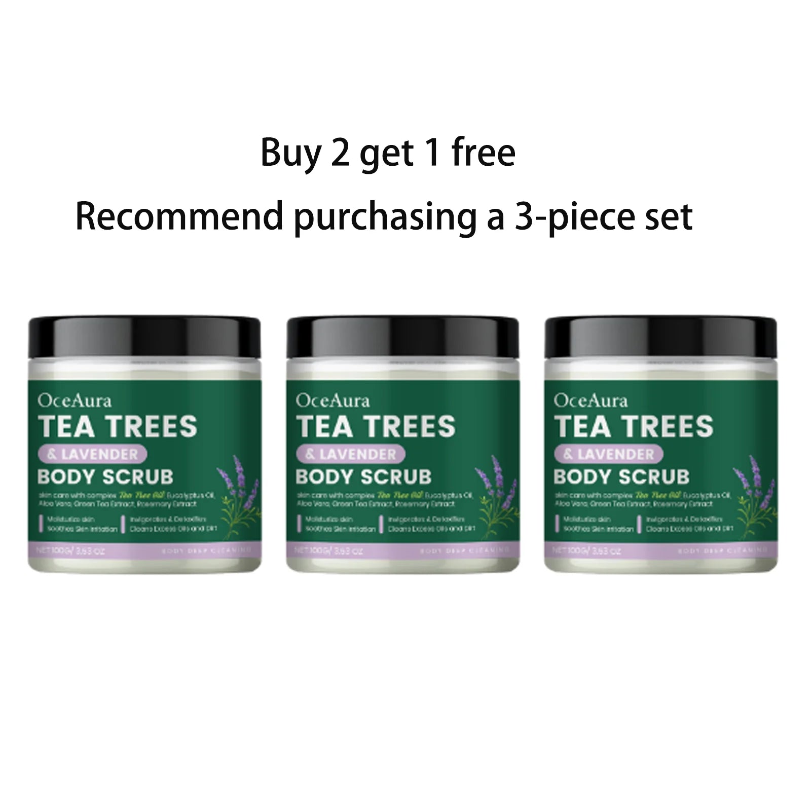 OceAura Tea Trees Lavender Body Scrub Gentle Skin Deep Cleansing Exfoliating Soothing Moisturizing Detoxifying Body Care Scrub Qme 100g x3