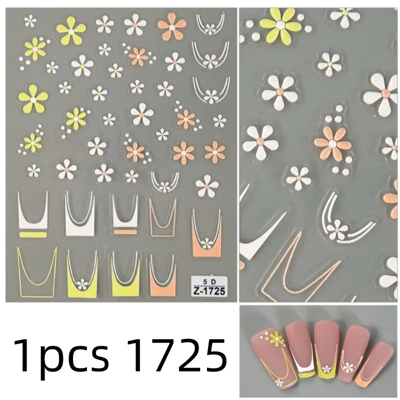 5D Flower Daisy Embossed Stickers Nail Sliders Decals Daisy White Florals Petals Flowers Back Glue Nail Sticker Decoration Qme 1pcs 1725