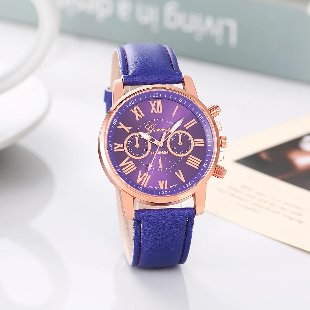 New Women's Watch with Belt Geneva Quartz Watch Belt Fashion Women's Watch Scale Watch 6pcs Qme 4