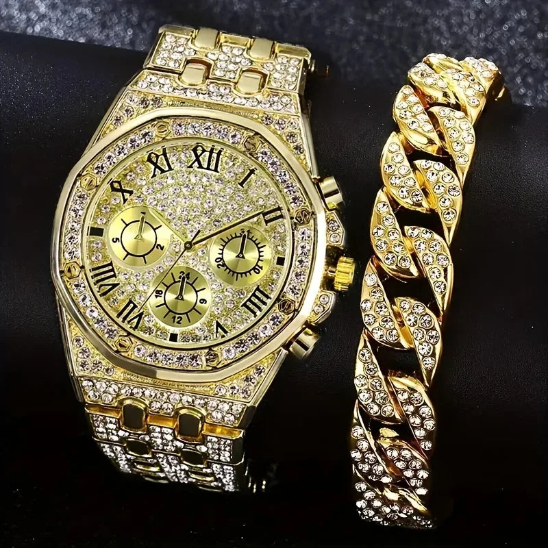Luxury Octagonal Bezel Iced Quartz Watch Multipack Roman Numeral Dial Men Hip Hop Jewelry Without Gift Box Qme