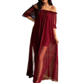 Home Dress Off Shoulder Sheer Nightgown V-neck Ruffle Mesh Nightdress Qme Dark Red XXXL