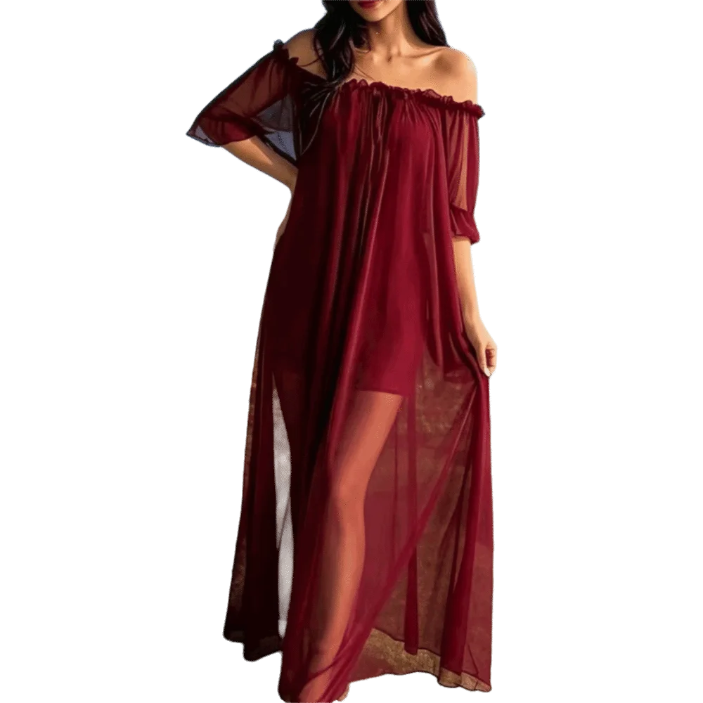 Home Dress Off Shoulder Sheer Nightgown V-neck Ruffle Mesh Nightdress Qme Dark Red XXXL