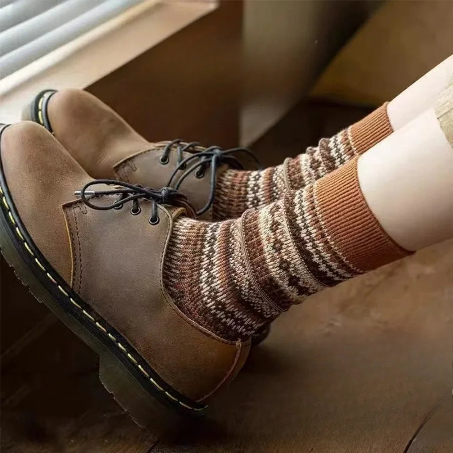Vintage Fair Isle Crew Socks, Retro Ethnic Pattern Cotton Socks, Warm Winter Casual Slouch Socks for Women Qme
