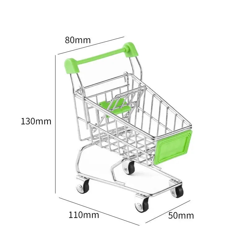 Children's Mini Simulation Shopping Cart Model Hand Cart Metal Model Storage Car Desktop Multifunction Storage Ornament Model Qme Green