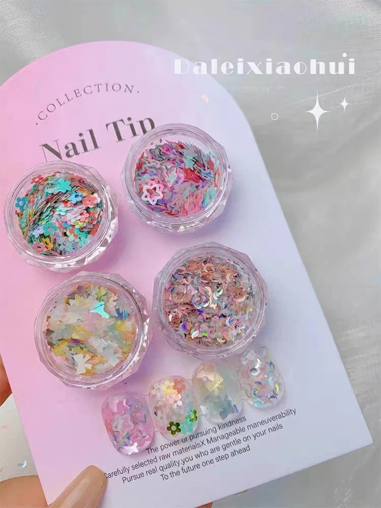 4 Fluorescent Mixed Shapes Nail Sequins Moon Star Flower Heart Art Qme