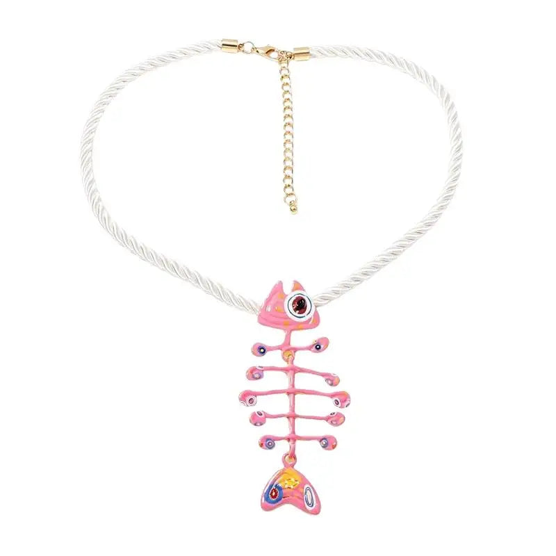 Hand Woven Boho Rope Pendant Necklace Alloy Printed Fish Bone Decor Non-irritating Neck Jewelry for Teen Girls Qme