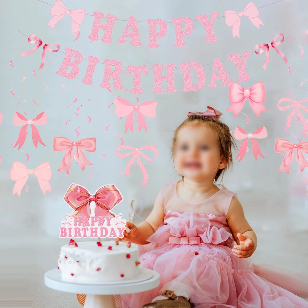 Bow Party Flag Decoration Set Pink/Blue/Black Bow Happy Birthday Banner Party Decor Bow Spiral Hanging Decor Scene Decor Props Qme