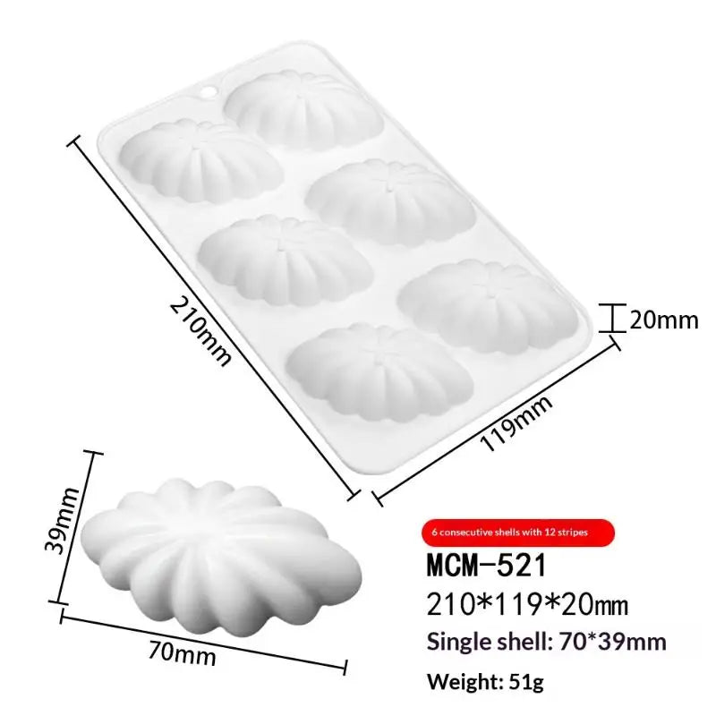 6 Cavity Shell Design Pudding Silicone Mousse Mould 3D Candy Qme A2