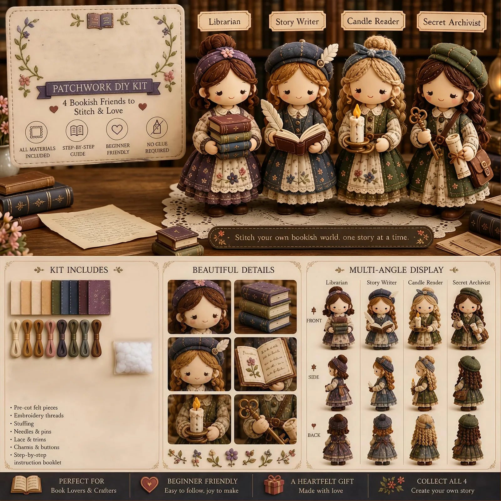 New Beautiful Girls Patchwork DIY Kit Handmade Felt Doll Sewing Craft for Beginner Includes All Materials Unique Gift Qme F One Size