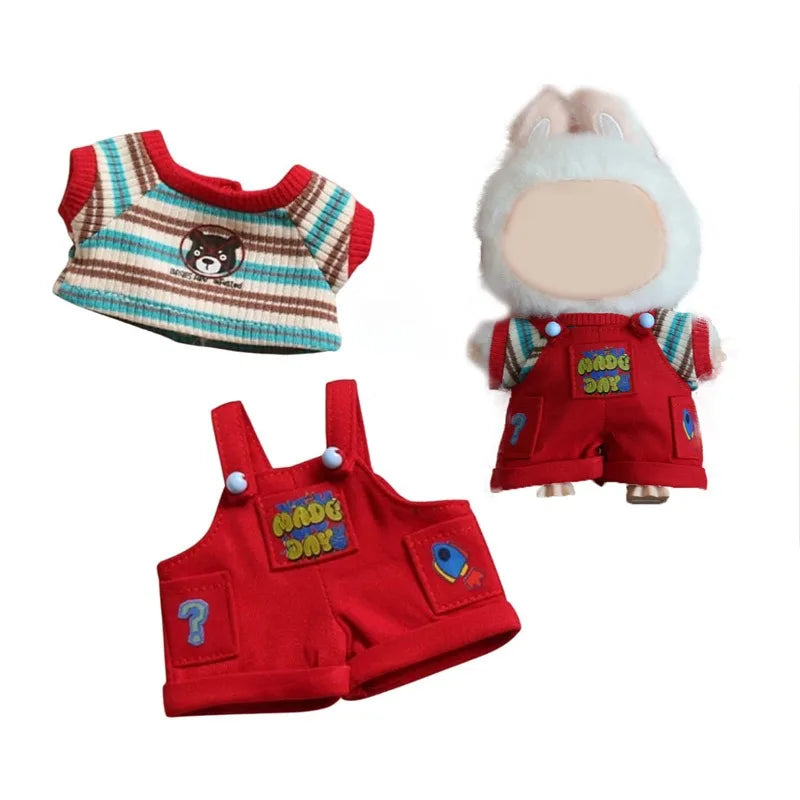 Labubu doll clothing 2-piece set, red workwear and striped T-shirt, suitable for fashionable matching of 17cm and 15cm dolls Qme
