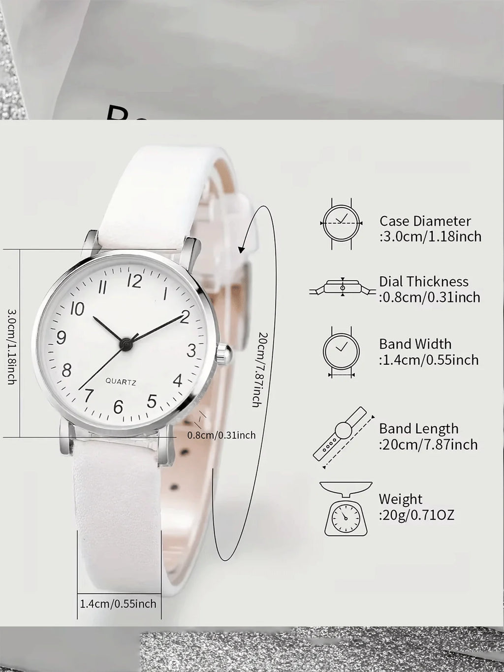 5Pcs Women Heart Diamond Jewelry Set, White Leather Quartz Watch + Necklace Earrings Bracelet Ring Gift Kit Qme