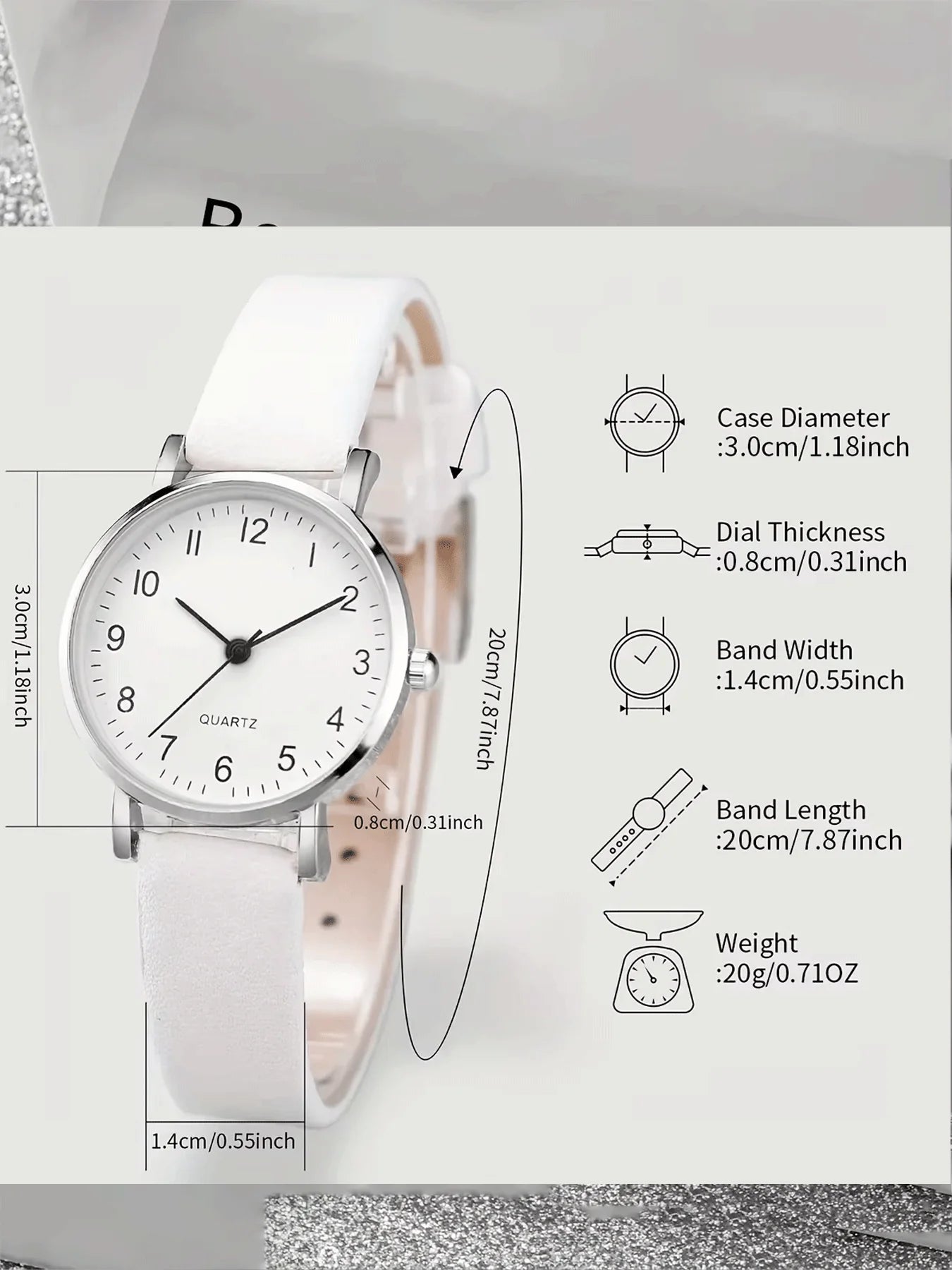 5Pcs Women Heart Diamond Jewelry Set, White Leather Quartz Watch + Necklace Earrings Bracelet Ring Gift Kit Qme