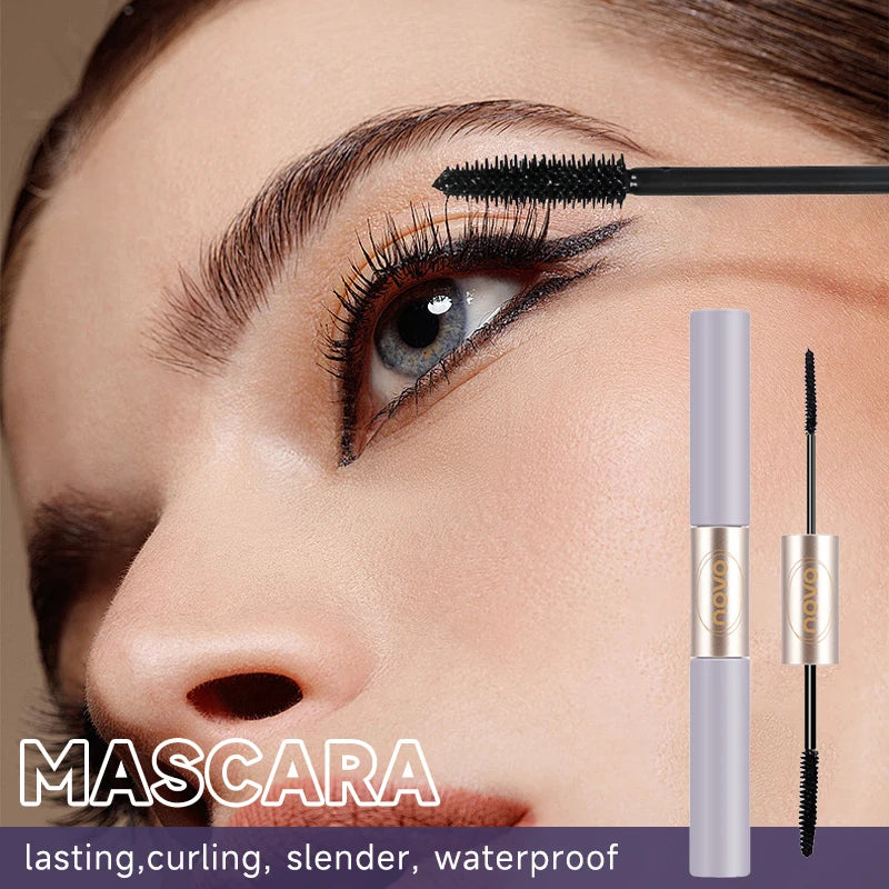 Dual-Ended Mascara, Eyelash Primer & Mascara, Fine & Thick Brush Heads, Volumizing & Lengthening, Long-Lasting, Water Resistant, Qme
