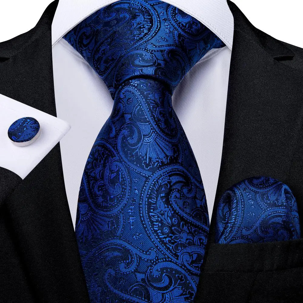 Business Tie Men Silk Blue Dots Necktie Plaid Cufflinks Wedding