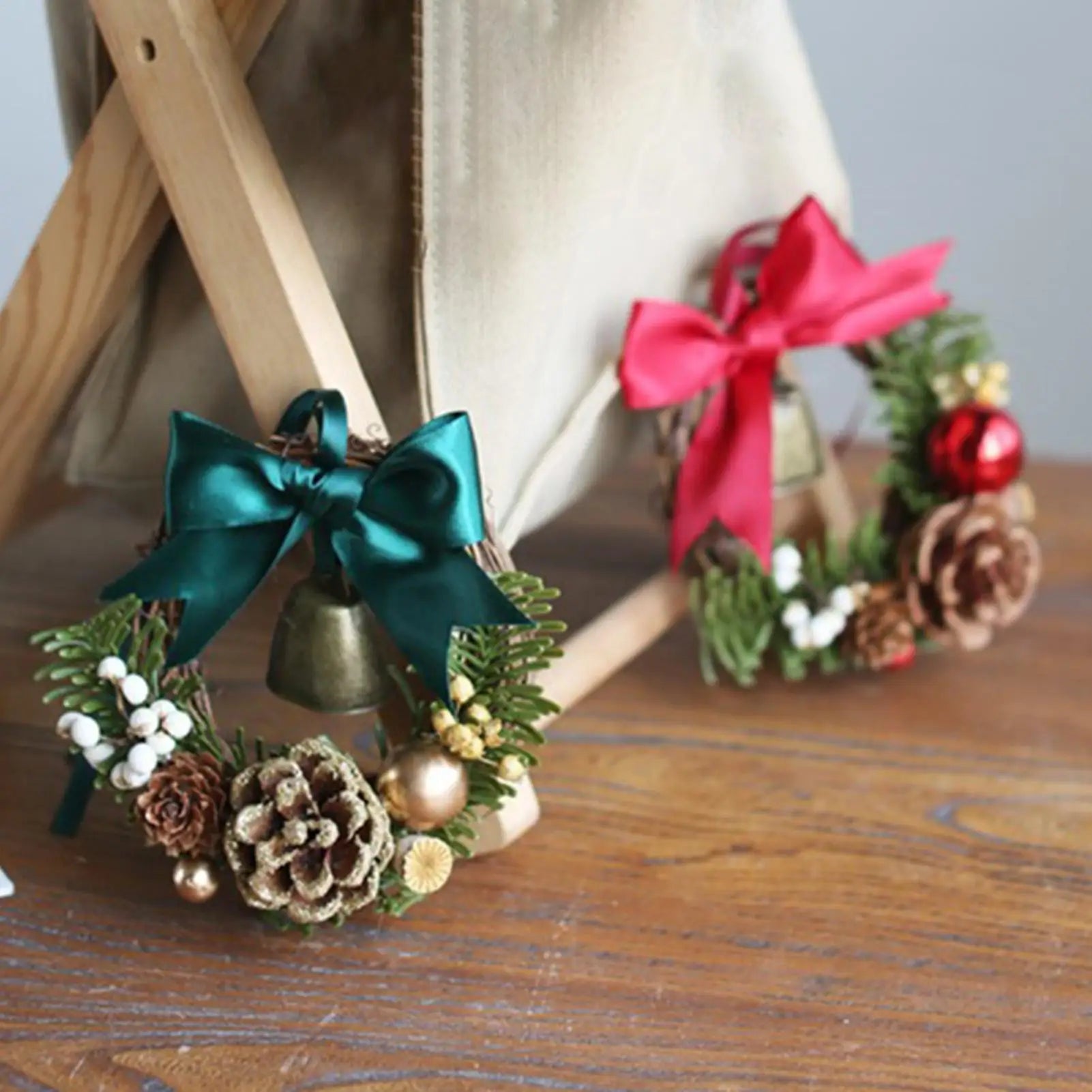 Christmas Wreath Mini Bell Bow Decor Artificial Holiday Garland Qme