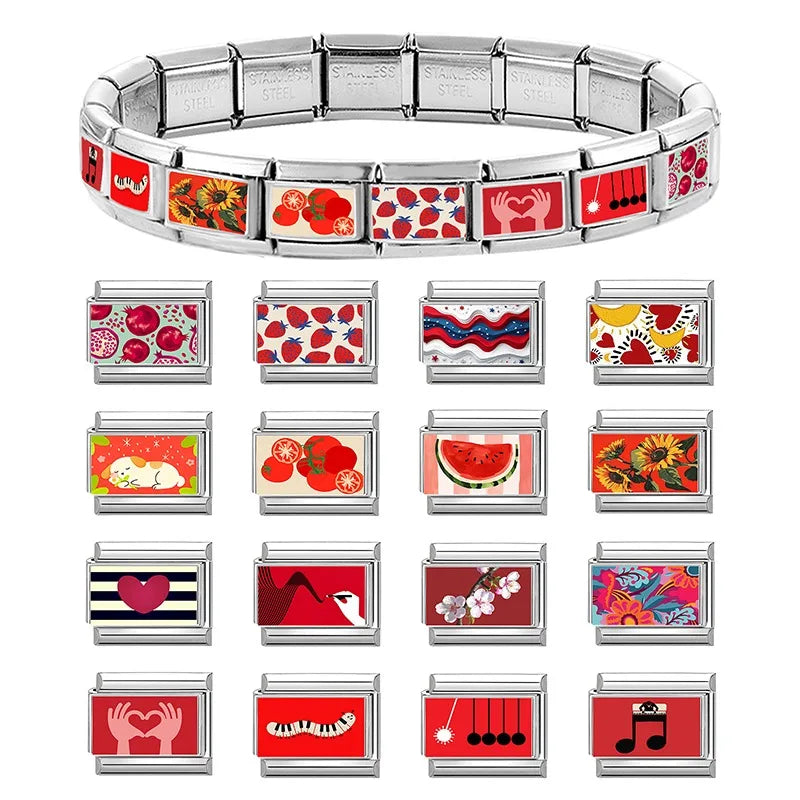 Wholesale Red Color Series Pomegranate Strawberry Love Italian Link Fit 9mm Stainless Steel Bracelet Making DIY Charm Jewelrys Qme