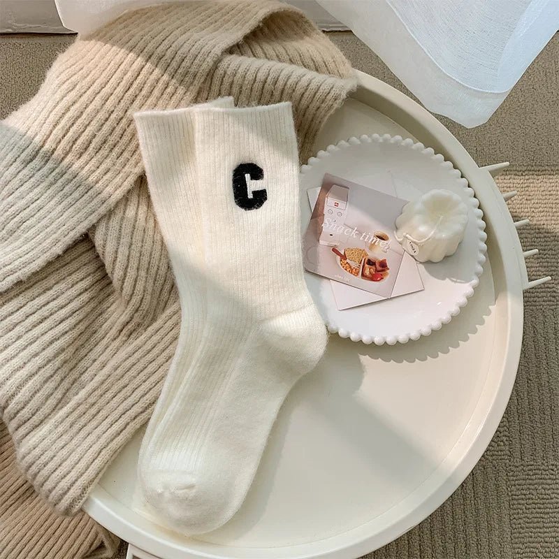 Luxury Women Wool Socks Warm Winter Thick Cashmere Casual Japanese Fashion Solid Color Comfortable Home Sock Long High Quality Qme White One Size