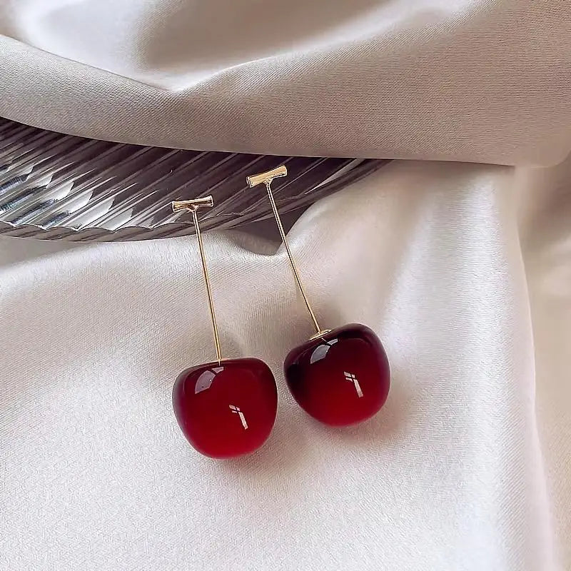 Sweet Fruit Design Red Cherry Drop Earrings Delicate Fashion Women Jewelry for Graduation Gift Daily Outfits Qme