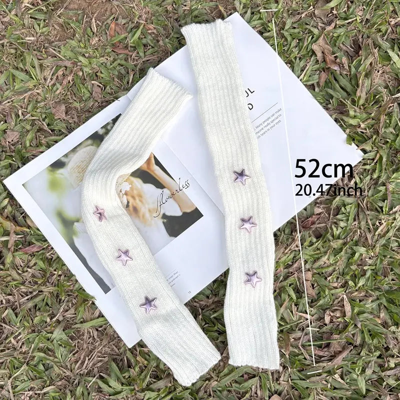 Y2k Fingerless Gloves Fashion Women Warm Arm Sleeve Knitted Star Decoration Mitten Casual Long Wrist Mittens Punk Gothic Gloves Qme 52cm white
