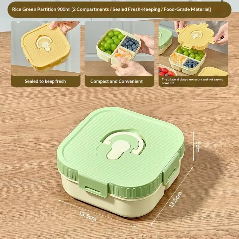 Portable Plastic Lunch Box Compartment Microwave Safe Fruit Salad Qme Double grid Green