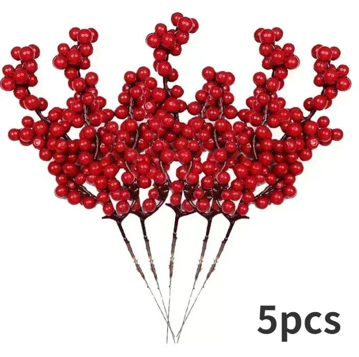 Artificial Berries Christmas Decoration Red Berry Branches for Xmas Tree Party Home Table Ornaments Red Fruit Wreath DIY Gift Qme 5pcs 22cm